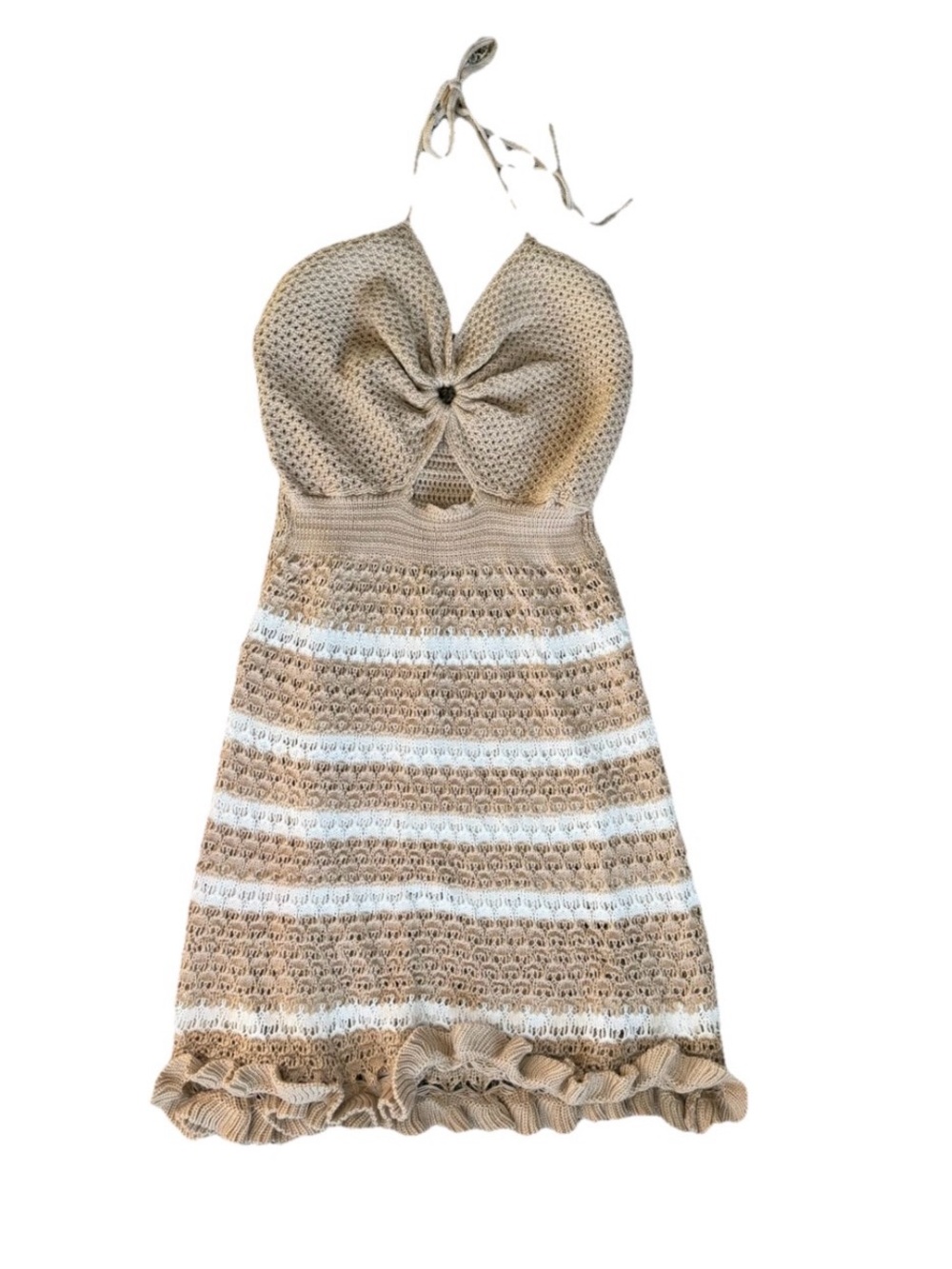 Crochet Knit Halter Mini Dress XXL Ruffle Boho Festival Beachy Coastal Grandma